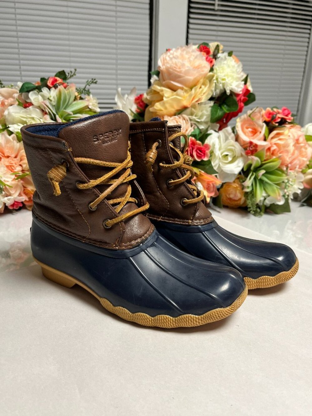 Sperry Saltwater Duck Boots Girls 4M Navy Brown Side Zip Water Resistant Big Kid